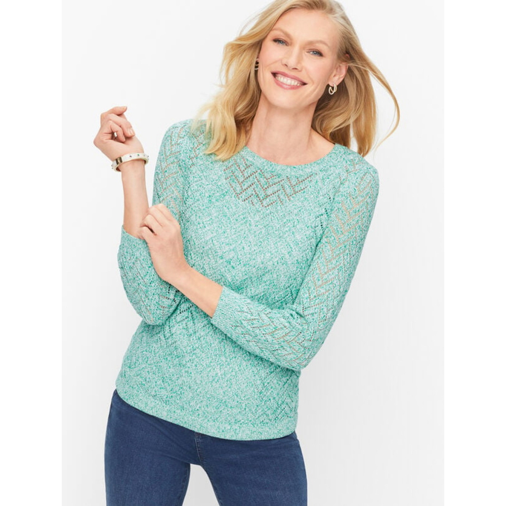 Talbots Women Petite Green White Marled Cotton Linen Crew Neck Sweater
